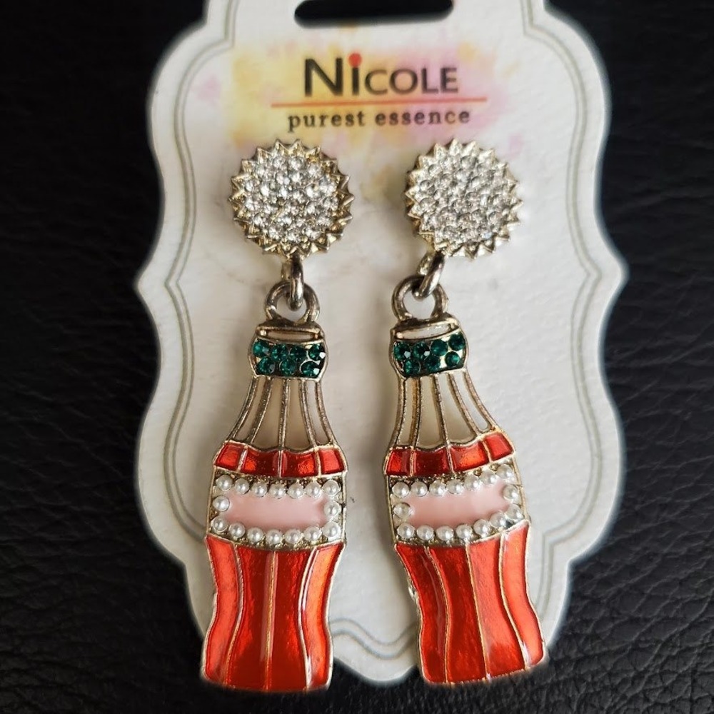 Nicole Purest Essence Soda Bottle Drop Earrings Red Enamel Rhinestone Bottle Cap